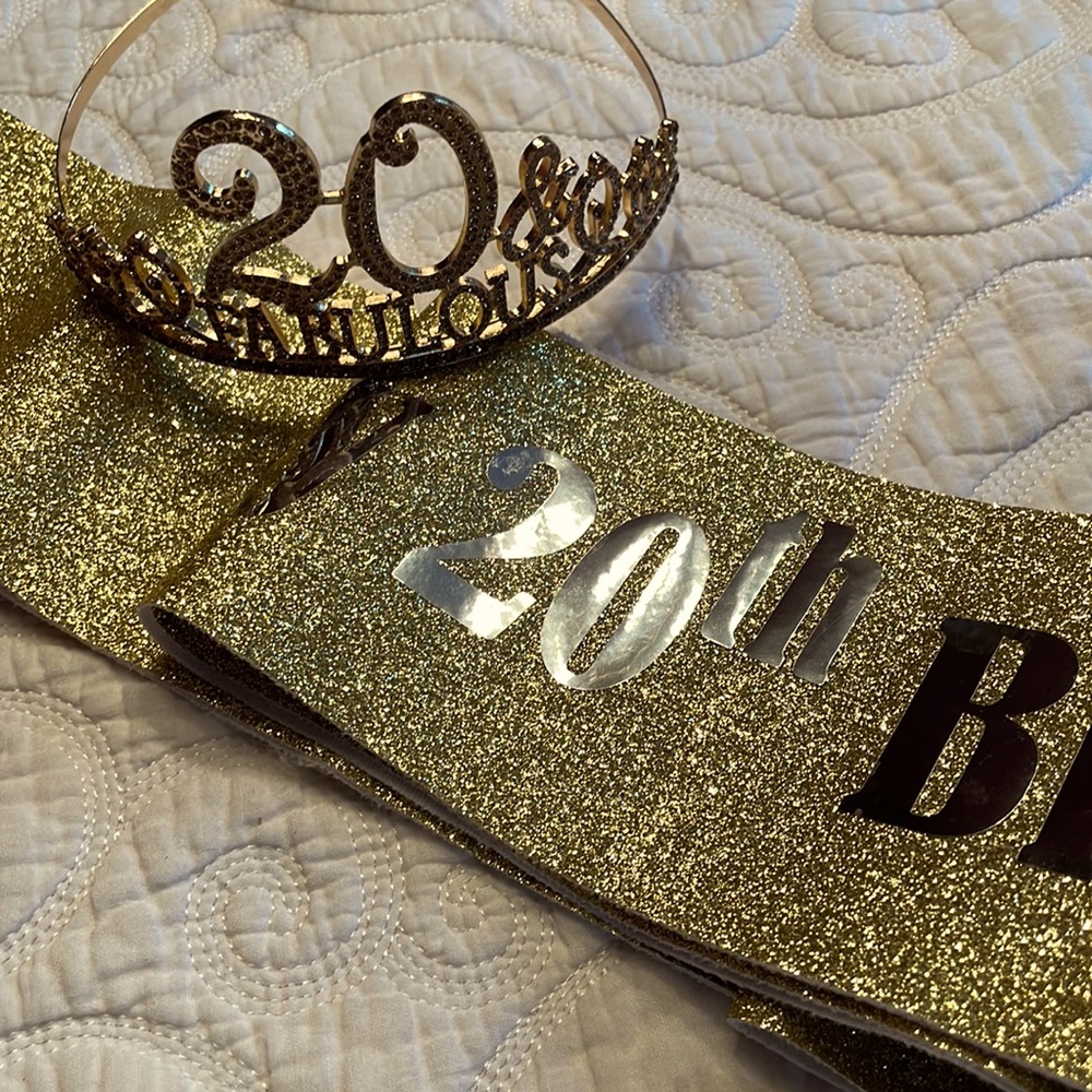 Gold Glittery 20th Birthday Sash and Crown